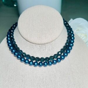 Elegant Deep Indigo Peacock Blue Glass Pearl Faceted Bead Double Strand Necklace
